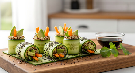 Healthy veggie sushi rolls with soy sauce