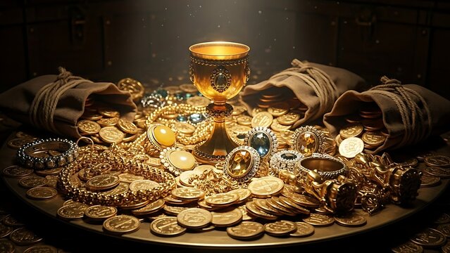 Treasure Chest Overflowing with Gold Coins and a Jeweled Goblet.