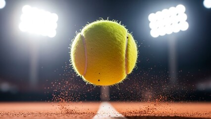 Action shot of a tennis ball hitting the court line under stadium lights, showcasing the speed and impact of the game, with red clay particles rising