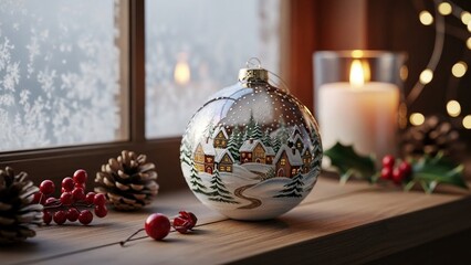 Hand painted christmas ball ornament with winter village scene sits near a window with pinecones, berries, and lights creating a festive holiday still life