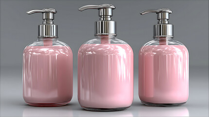 Three clear glass pump bottles filled with pink liquid lotion AI Generated