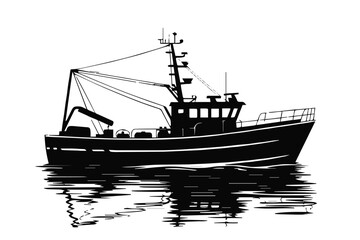 boat silhouette of fishing trawler with reflection on water