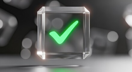 Green check mark on a glass cube with bokeh background