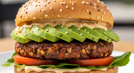 Delicious veggie burger with avocado and tomato