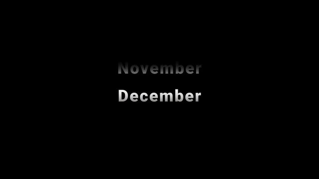 month calendar scrolling text animation yearly timeline on transparent background