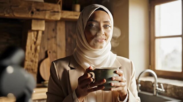 Portrait of a young Muslim woman in a hijab enjoying a hot cup of coffee in a rustic kitchen