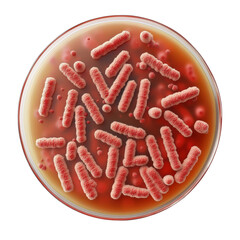 A 3D rendering of a petri dish containing a cluster of bacteria with spikes and a red background.