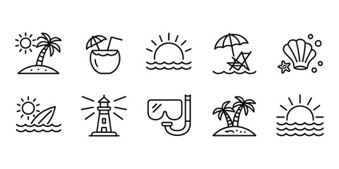 Summer and Beach Icons with Palm Trees and Lighthouse Keywords: summer, beach, vacation, travel