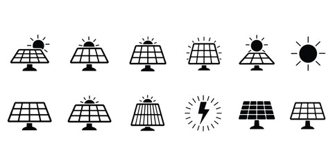 Solar Energy Icons Featuring Solar Panels and Sun Symbols power electricity