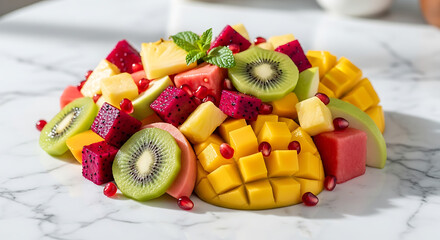 Vibrant fruit salad on marble