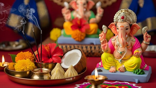 A vibrant Lord Ganesha idol seated on an altar surrounded by ritual offerings including modak, coconut, hibiscus flowers, and aromatic incense.