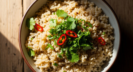 Bowl of brown rice with herbs and chili