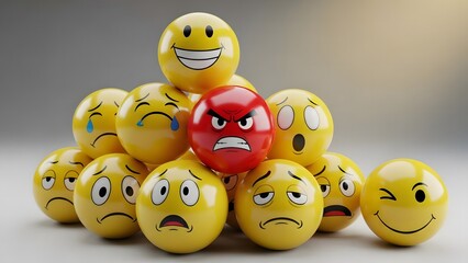 A collection of expressive 3D emojis featuring a central angry red character surrounded by various yellow faces depicting sadness, joy, and surprise