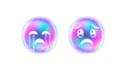 3D iridescent holographic glass  sweat, sad , crying face emoji icon set with transparent PNG background 16:9 illustration