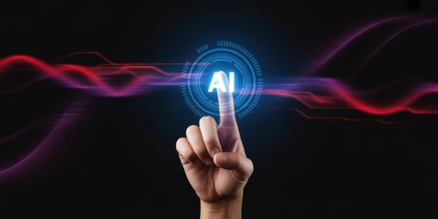 AI Technology Touch: A human finger poised to activate the power of artificial intelligence, with a vibrant graphic display