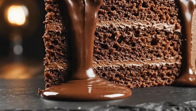 Close-up cinematic shot of a rich chocolate cake slice, glossy chocolate ganache dripping slowly