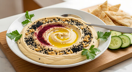 Delicious hummus platter with pita and cucumber