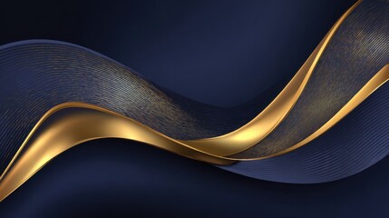 Elegant Golden Ribbon on Dark Blue Background with Dotted Pattern Swirling Luxurious Design for Business Template Backdrop Abstract Art Illustration
