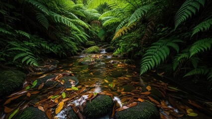 Obraz premium Lush forest stream with ferns and fallen leaves in tranquil natural setting