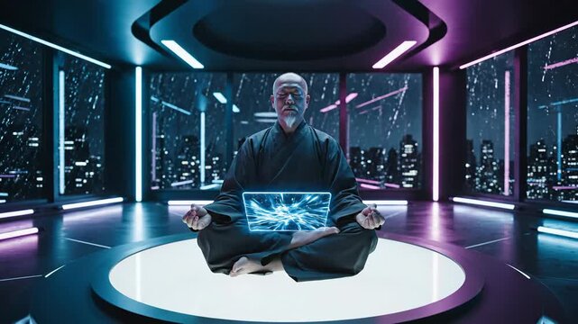 An elderly master in a black robe meditates in a futuristic room, confronting a broken holographic laptop against a neon cyberpunk city