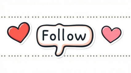 Follow button with red and pink hearts and dotted line on white background