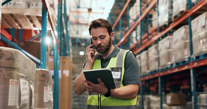 Supply chain, man and tablet in factory with phone call for shipping discussion, logistics or advice. Worker, person and communication in warehouse with tech for contact, distribution or export plan.