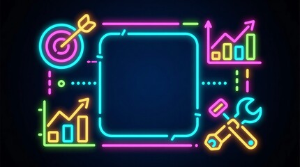 Effective management and marketing strategies for achieving targets and boosting performance, visualized with dynamic neon charts, graphs, and data analysis in a modern digital frame template.