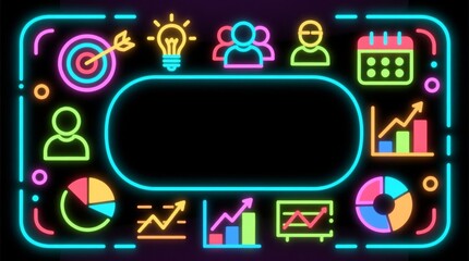 Dynamic management, target, performance, marketing, chart, graph, and analysis with vibrant neon business icons framing a blank space for your data and strategic planning presentations.