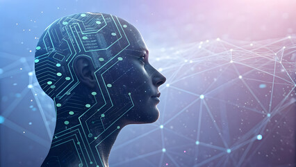 Obraz premium A 3d conceptual illustration of a human head silhouette featuring a digital brain to represent global communication and internet technology within a computer network