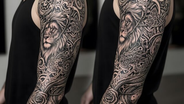 A detailed black and grey sleeve tattoo featuring a lion, a dragon, and intricate geometric patterns.