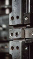 Obraz premium Close view of metal machinery parts showing detail in design and construction at a factory during daytime work hours in a manufacturing setting