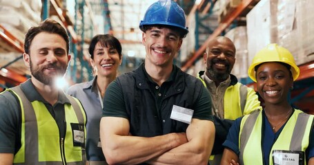 Logistics, face or team in depot with smile, about us or collaboration in shipping profession. Portrait, flare or employees in warehouse with confidence, pride or staff in distribution industry - Powered by Adobe