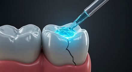 3D close-up of a cracked tooth being repaired with blue resin via syringe, restorative dentistry procedure