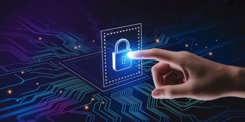 Digital Security: A finger gently touches a digital padlock on an illuminated circuit board, representing the protection of data in an innovative technological landscape.