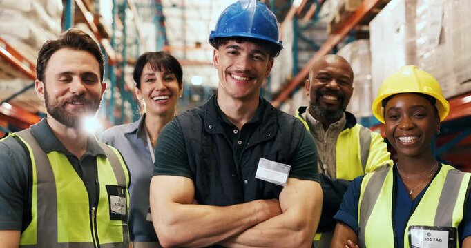 Logistics, face or team in depot with smile, about us or collaboration in shipping profession. Portrait, flare or employees in warehouse with confidence, pride or staff in distribution industry