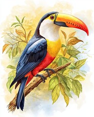Obraz premium Vibrant Toucan Perched on a Colorful Branch Among Tropical Leaves