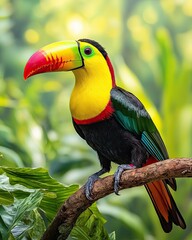 Obraz premium Vibrant Tropical Toucan Perched Gracefully on a Lush Green Branch in a Lively Rainforest Scene
