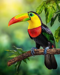 Obraz premium Vibrant Tropical Toucan Perched on Radiant Branch Amid Lush Greenery in Nature Background