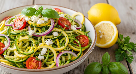 Fresh zucchini noodle salad with lemon and tomatoes