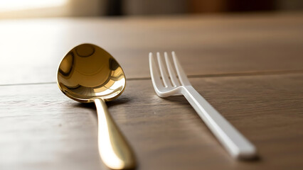 Elegant Golden Spoon Beside Simple Plastic Fork on Rustic Wooden Table Reflecting Everyday Choices
