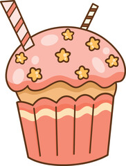 Cartoon cupcakes decorated with pink icing and stars.