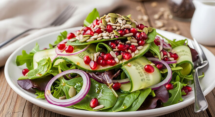Fresh green salad with pomegranate seeds and sunflower seeds