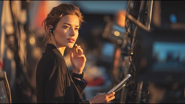 Focused Woman Producer on Set with In-Ear Headphones