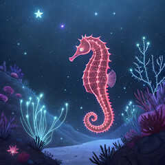 A magical glowing pink seahorse swims in a dark, starry underwater world surrounded by luminous coral and plants.
