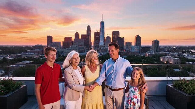 Happy multi-generational family portrait enjoying a beautiful sunset over a vibrant city skyline from their upscale rooftop terrace, symbolizing urban success and comfortable living