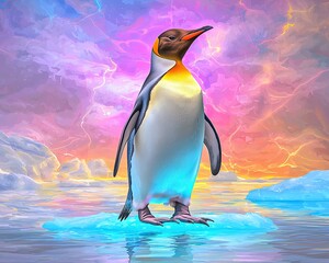 Emperor Penguin Standing Proudly on Glowing Ice Against a Vivid Colorful Background