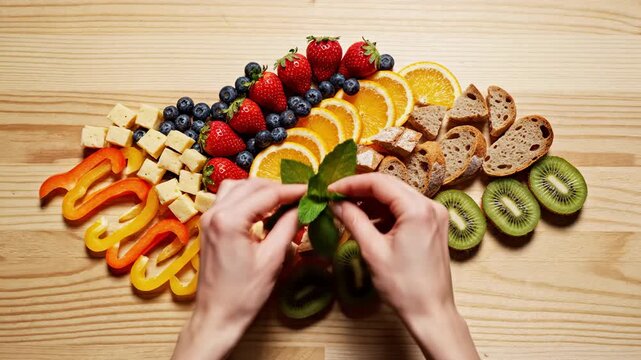 Hands arranging healthy fruit cheese and bread platter board