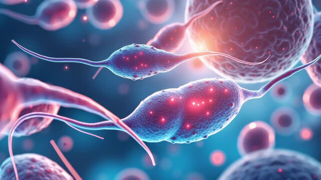 Microscopic protozoa cell glowing blue and pink biological structure, single cell microorganism, vibrant closeup, science medical research background