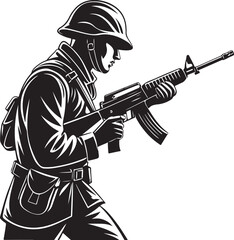 Soldier silhouette with rifle Hand-drawn Sketch Drawing Vector Illustration, Line Linear Symbol Engraving Coloring Book, Black and White Isolated
