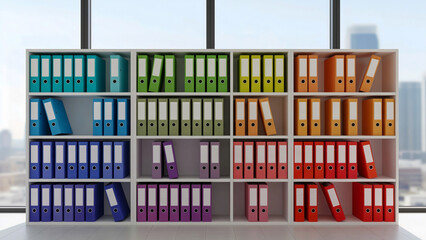 A bookshelf with various colorful binders organized by color and size, set against a backdrop of a city skyline seen through large windows
